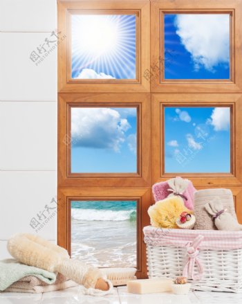 窗户与毛巾图片