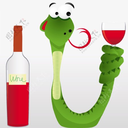卡通手绘端着酒杯喝酒的蛇