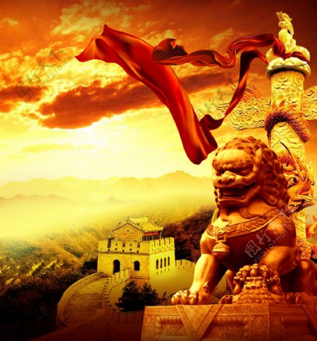 中国文化石狮子长城黄色背景psd素材