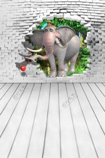 撞破墙的大象立体视觉摄影背景图片