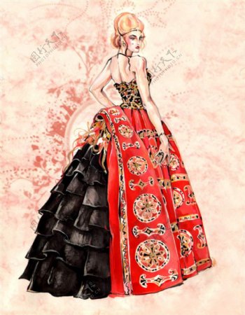 红色古典花纹连衣裙设计图