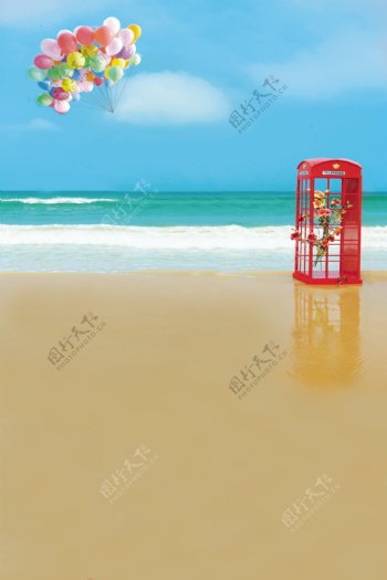 彩色气球与电话亭影楼摄影背景图片