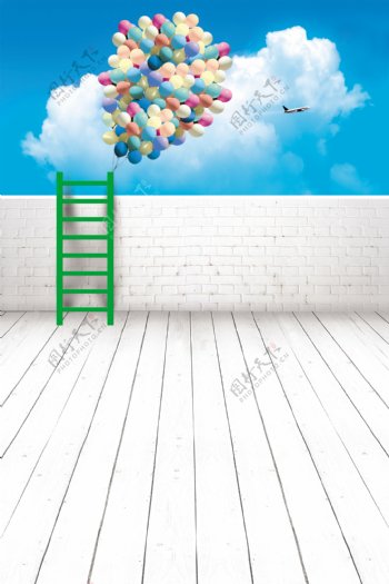 蓝天白云气球梯子影楼摄影背景图片