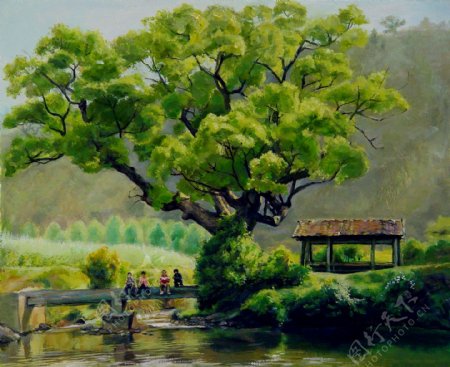 树木小桥风景油画写生图片