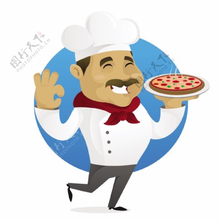 有趣的厨师端着披萨插画矢量素材