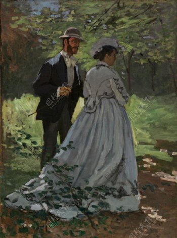 树林交谈的贵族夫妻油画图片
