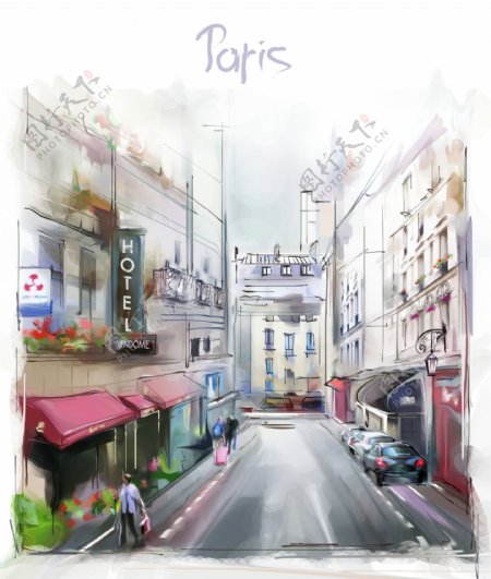 美丽的巴黎小镇插画图片