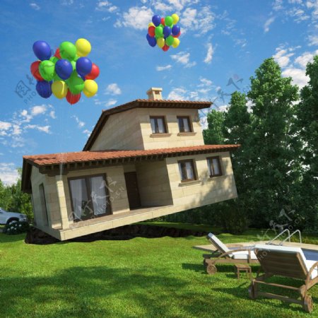 草地上的房子模型图片