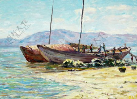 沙滩上的渔船风景油画图片
