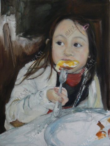 吃煎鸡蛋的东方小女孩油画图片