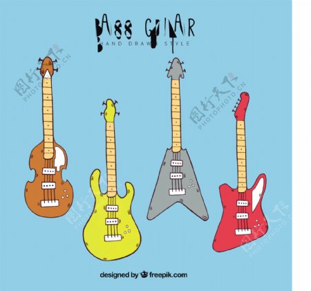 各种不同颜色的低音吉他设计