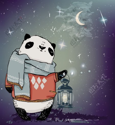 卡通手绘大熊猫在月光下