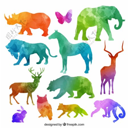 12款水彩色野生动物剪影矢量素材