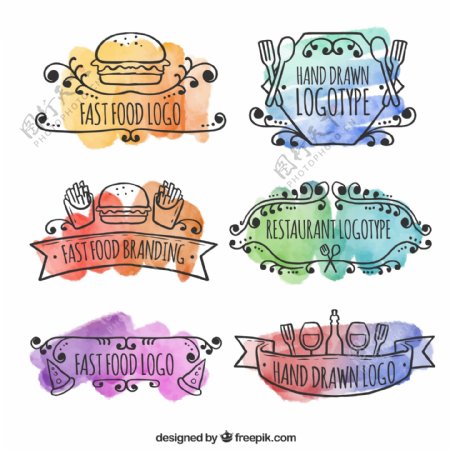 6款水彩绘餐饮标志矢量素材
