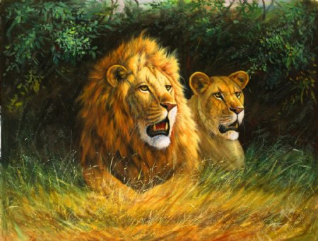 两只狮子装饰画