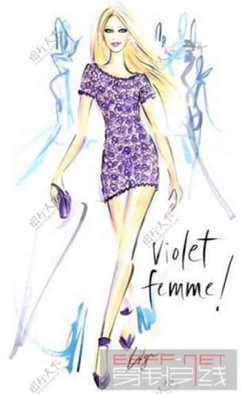 紫色花朵连衣裙设计图