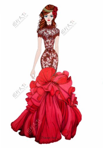 红色花朵长裙礼服