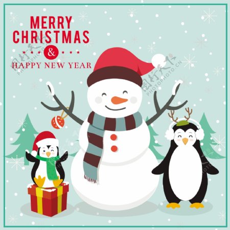 圣诞贺卡设计有趣的企鹅和雪人自由向量