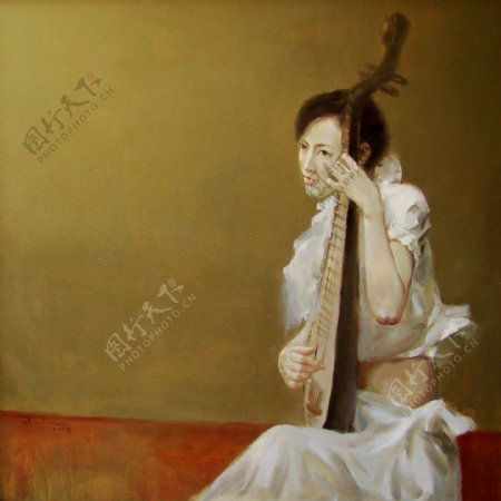 油画美女提琴图片