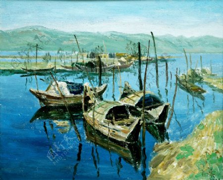 湖边的渔船油画图片