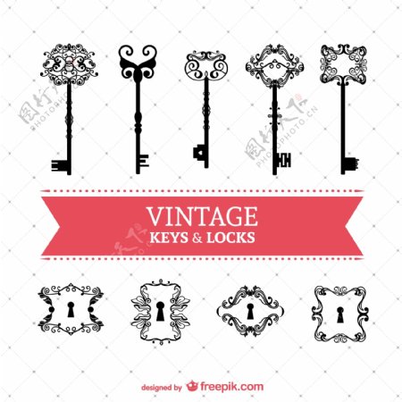 复古花纹钥匙与锁矢量素材图片