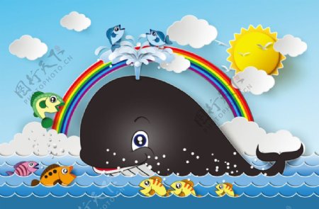 卡通鲸鱼和彩虹