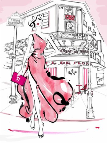 粉色单肩开叉裙设计图