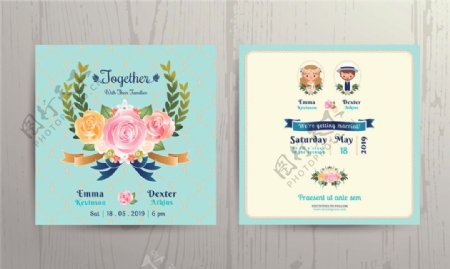 蓝色植物花朵婚礼卡片图片1