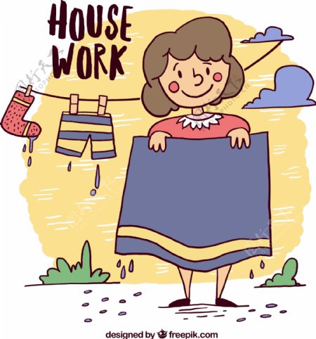 卡通做家务晾衣服的女子矢量素材