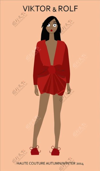 红色深V连衣裙设计图