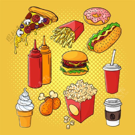 黄色背景下的快餐食物图片