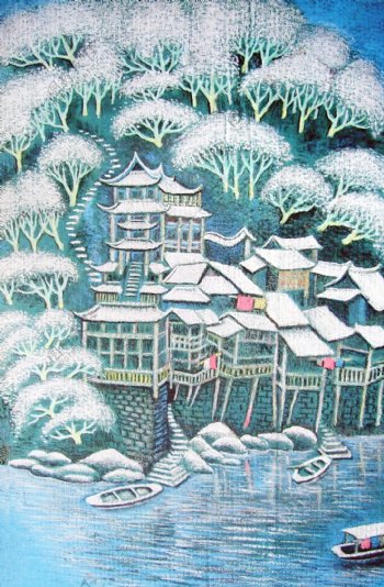 油画冬天乡村风景图片