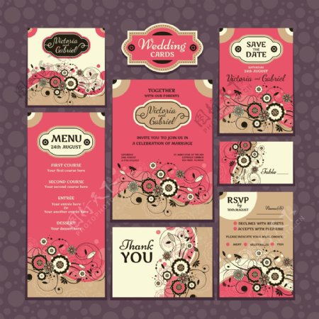 粉色植物婚礼卡片模板下载
