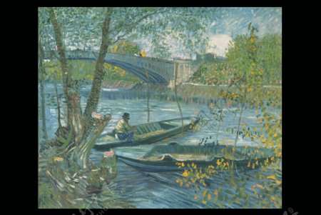 桥与小船油画图片