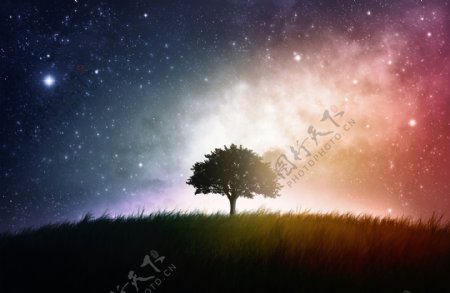 梦幻宇宙背景与树木图片