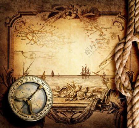 航海地图上的指南针与绳子图片