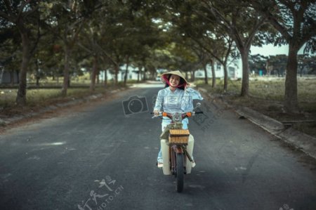 女人微笑而白天在公路附近的树木骑自行车