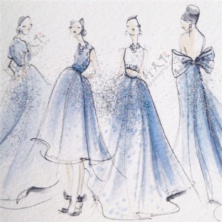 4款蓝色长裙设计图