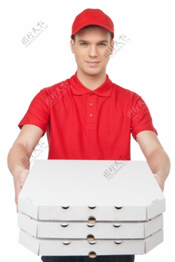 抱着盒装披萨的服务生图片