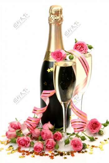 香槟与玫瑰花图片