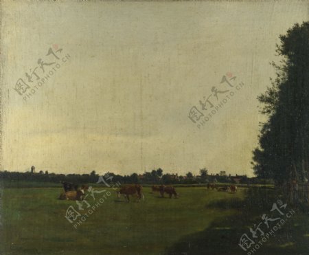 草地上牛油画图片