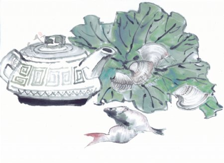 茶壶海鲜插画背景图片