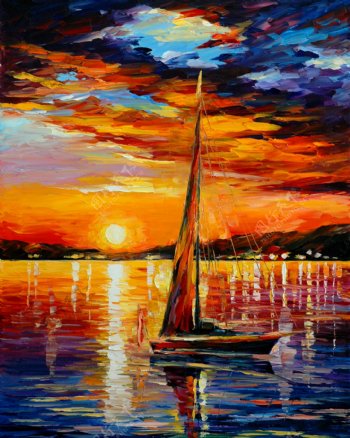 傍晚太阳的余晖洒在湖面上油画图片