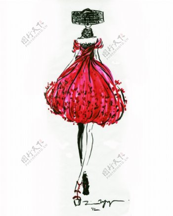 红色蓬蓬裙设计图