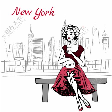 纽约美女插画