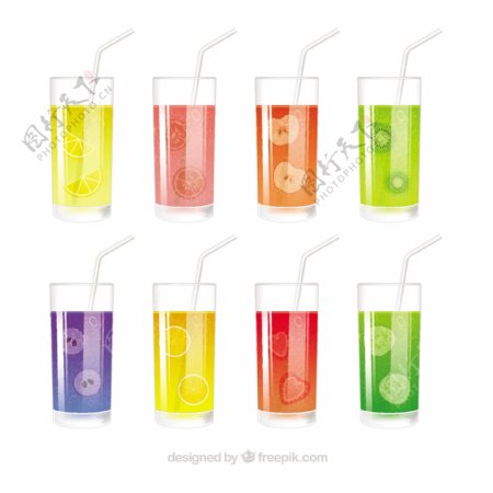 八玻璃杯不同果汁矢量设计素材