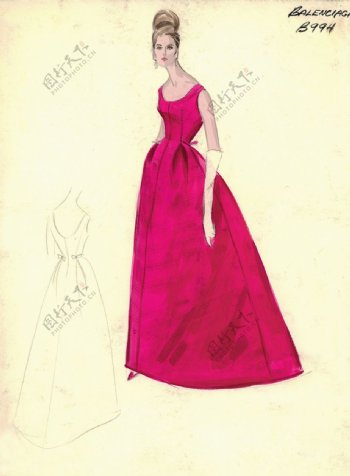 红色裙装礼服设计图