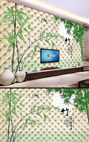 竹报平安梦幻手绘竹子背景墙图片