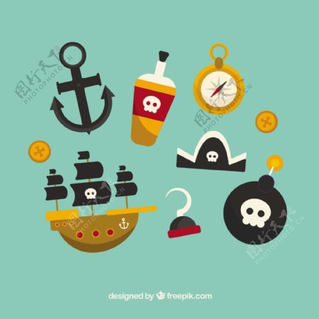 扁平风格各种海盗物品元素图标