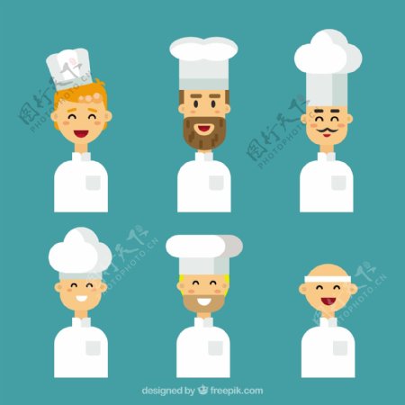 手绘扁平风格各种厨师角色插图